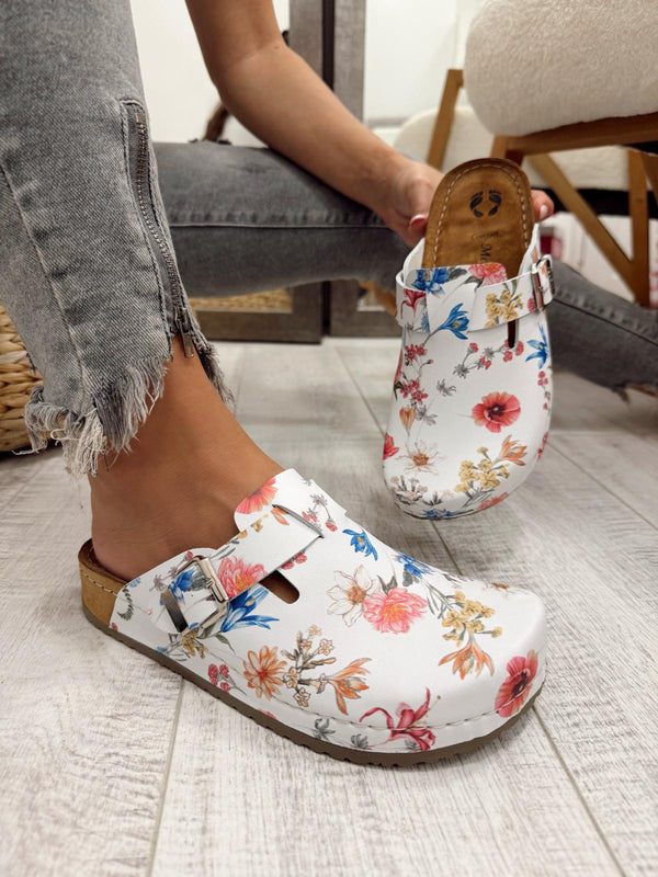 Kožne klompe F652 - LENA Comfort - CVETNE - BELA