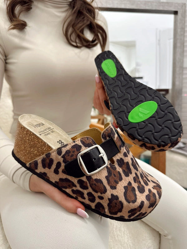 Kožne klompe G055 - VESNA - na platformu - LEOPARD