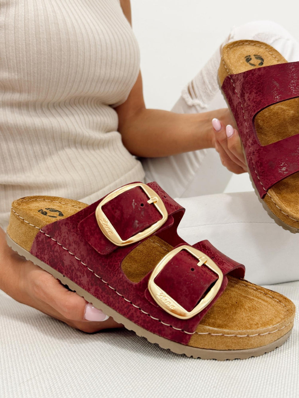 Kožne papuče G305 - LENA Comfort - SA KAIŠEVIMA - BORDO