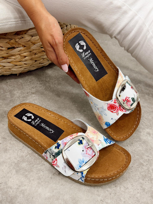 Kožne papuče G344 - LENA Comfort - CVETNE - BELA