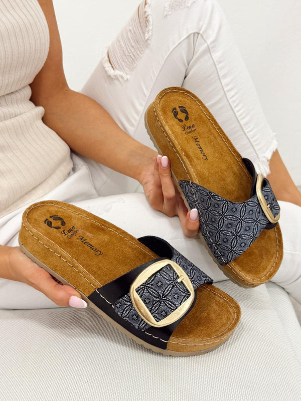 Kožne papuče G292 - LENA Comfort - SREBRNA - CRNA
