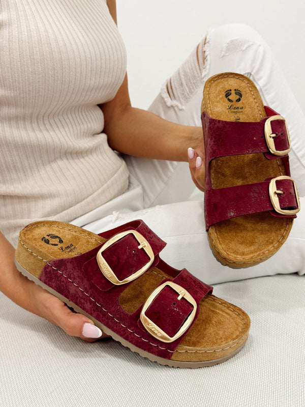 Kožne papuče G305 - LENA Comfort - SA KAIŠEVIMA - BORDO