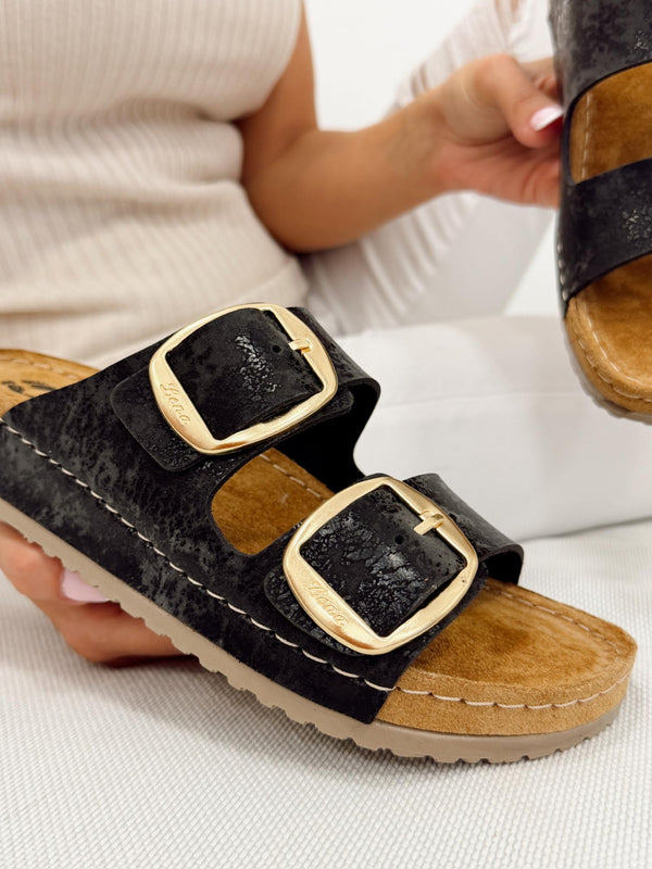 Kožne papuče G305 - LENA Comfort - SA KAIŠEVIMA - CRNA