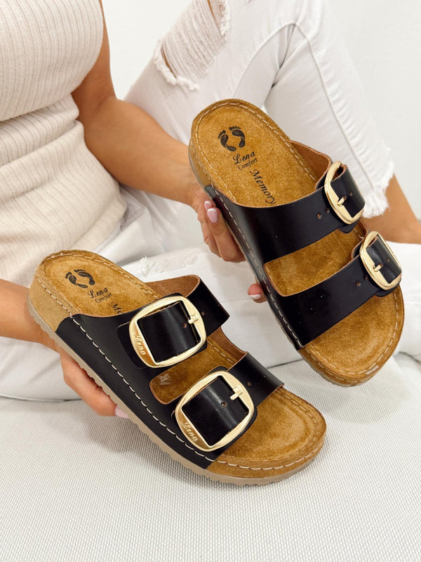 Kožne papuče G290 - LENA Comfort - SA KAIŠEVIMA - CRNA