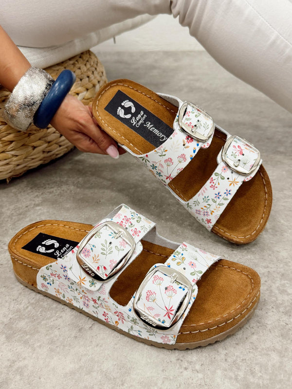 Kožne papuče G343 - LENA Comfort - SA KAIŠEVIMA - CVETNE - BELA